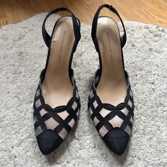 Carmen Marc Valvo Luxe Black "Teri" Mesh Sling Back Pointed Toe Pumps Size 8.5 - Picture 2 of 10